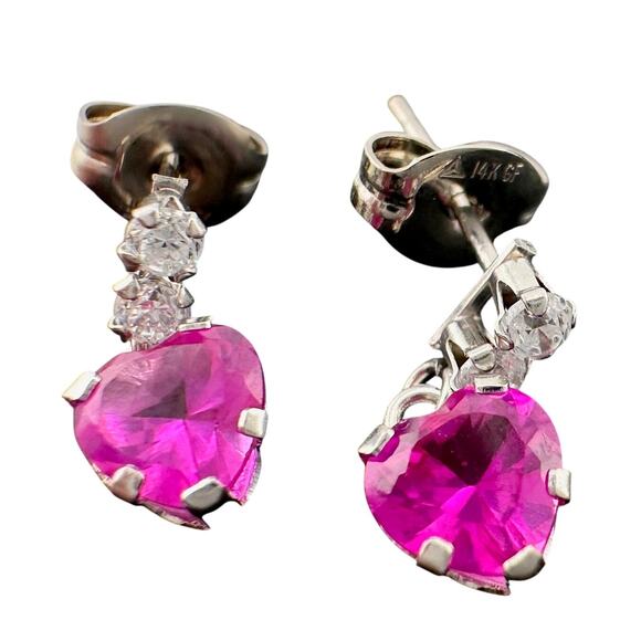 10kt White Gold Pink Sapphire Heart Dangle Earrings - Picture 1 of 8